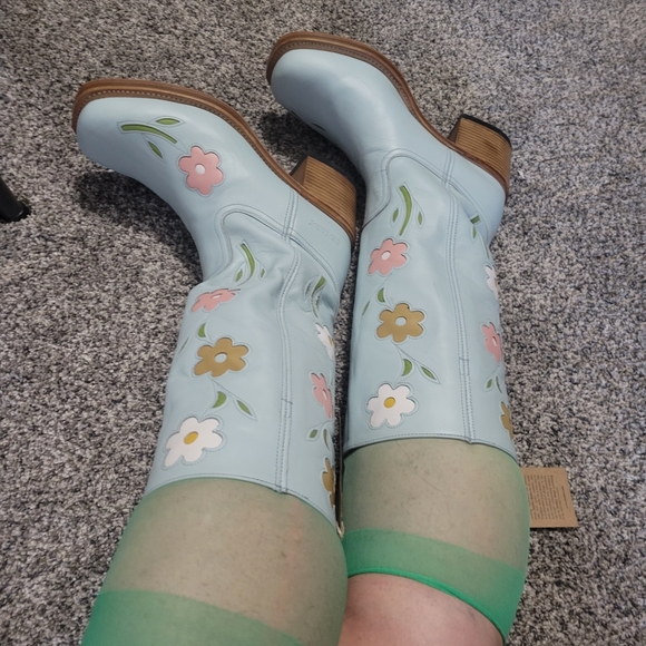 Anthropologie Light Blue Leather Floral Mid-Calf Heeled Boots - Picture 8 of 9